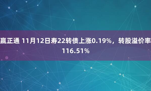 赢正通 11月12日寿22转债上涨0.19%，转股溢价率116.51%